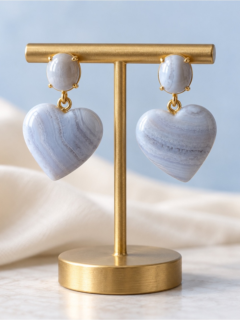 BaubleBar Semi-Precious Juno Blue Lace Agate Heart Drop Earrings Gold Tone
